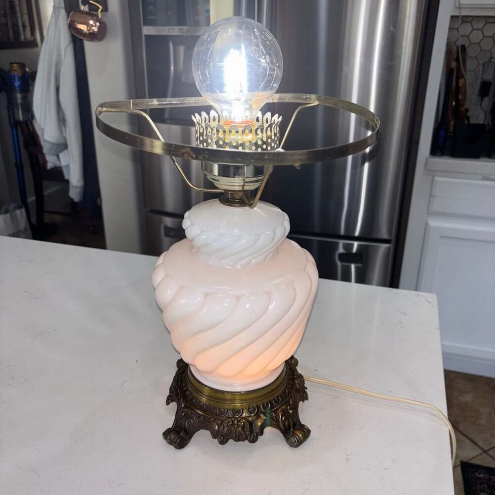 Vintage Hedco Swirl Milk Glass Hurricane Lamp Base Ornate Brass Footed Parlor
